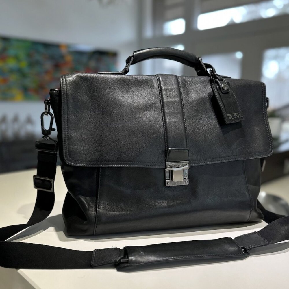 Vintage TUMI Black Leather Briefcase / Messenger Bag